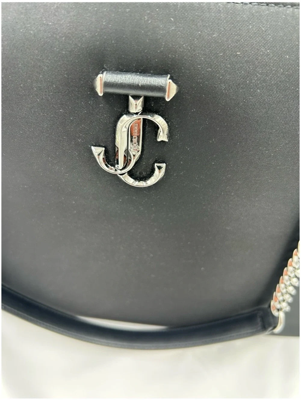 Jimmy Choo Black Tote Bag with Silver Chain Handles and iconic logo
